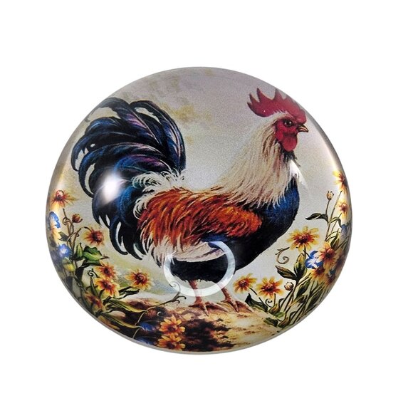Decorative Glass Dome Paperweight Chicken Rooster Illustration Yellow Flowers - Picture 2 of 8